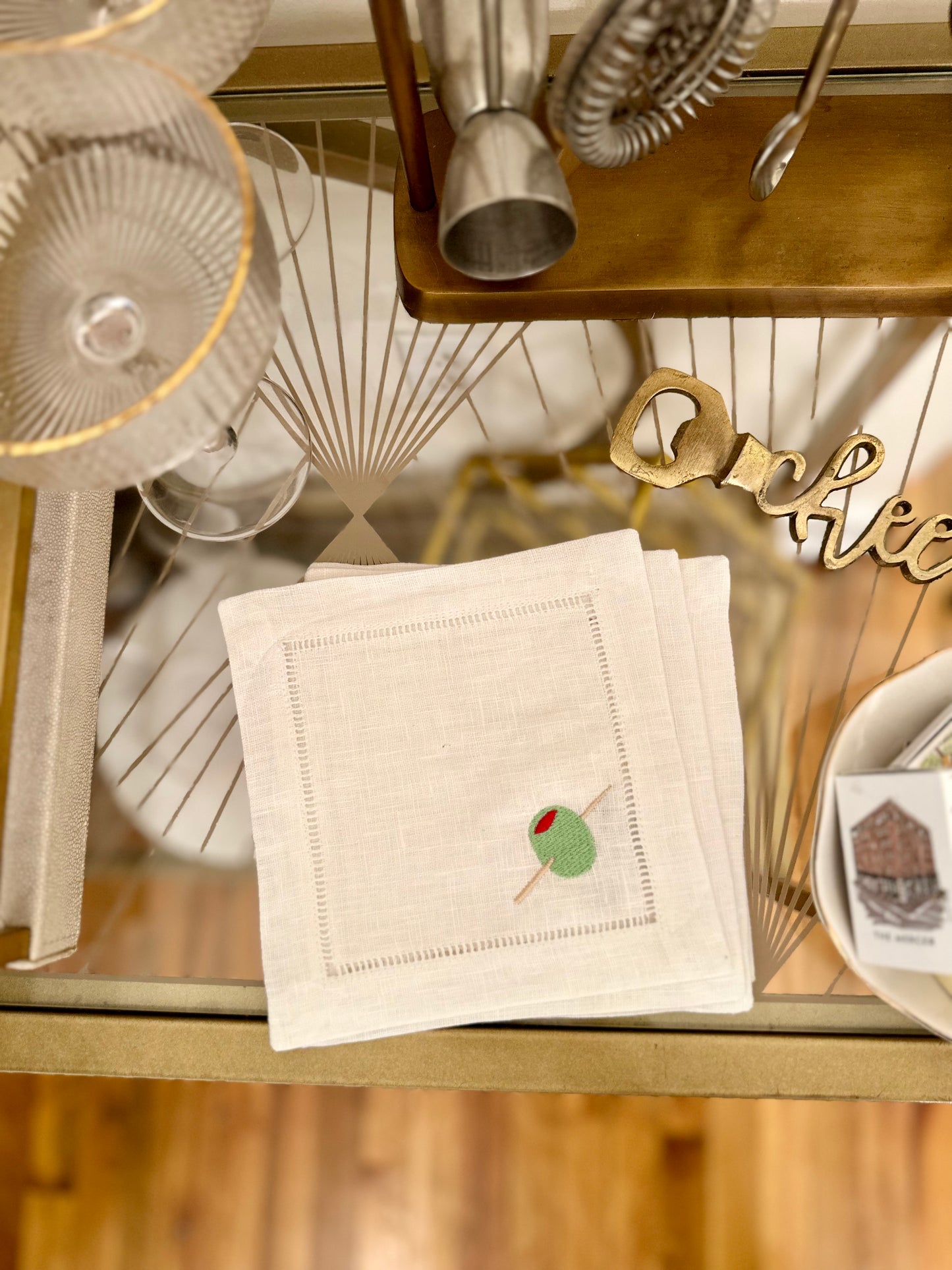 Olive Embroidered Cocktail Napkins Set