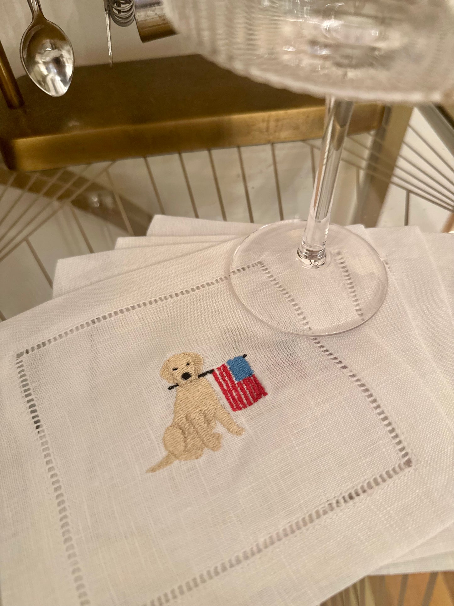 Patriotic Pup Embroidered Cocktail Napkin Set