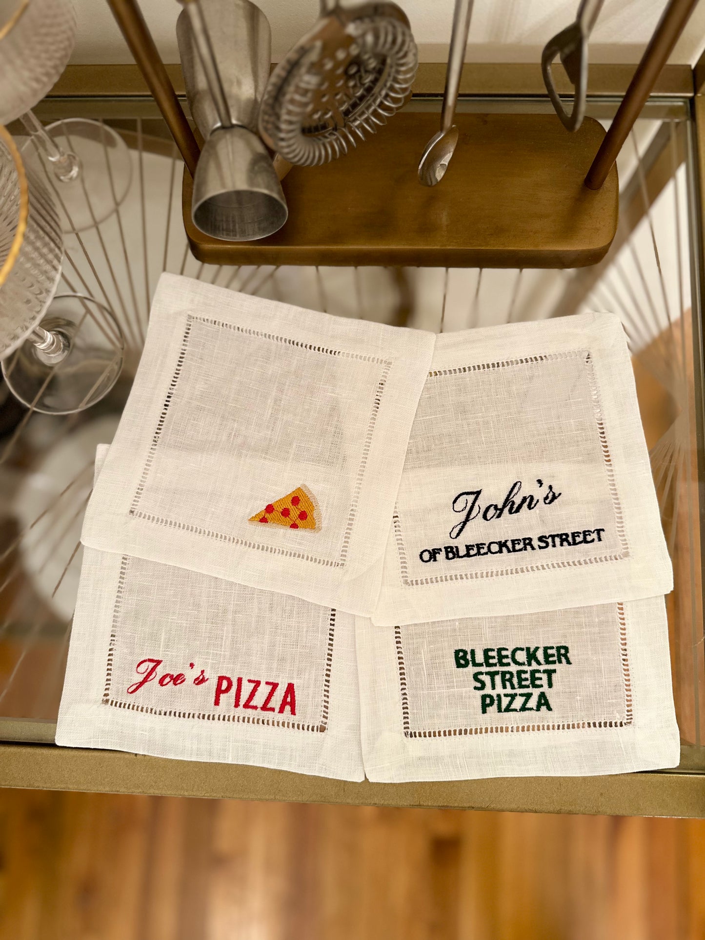 NYC Pizza Shop Embroidered Cocktail Napkin Set