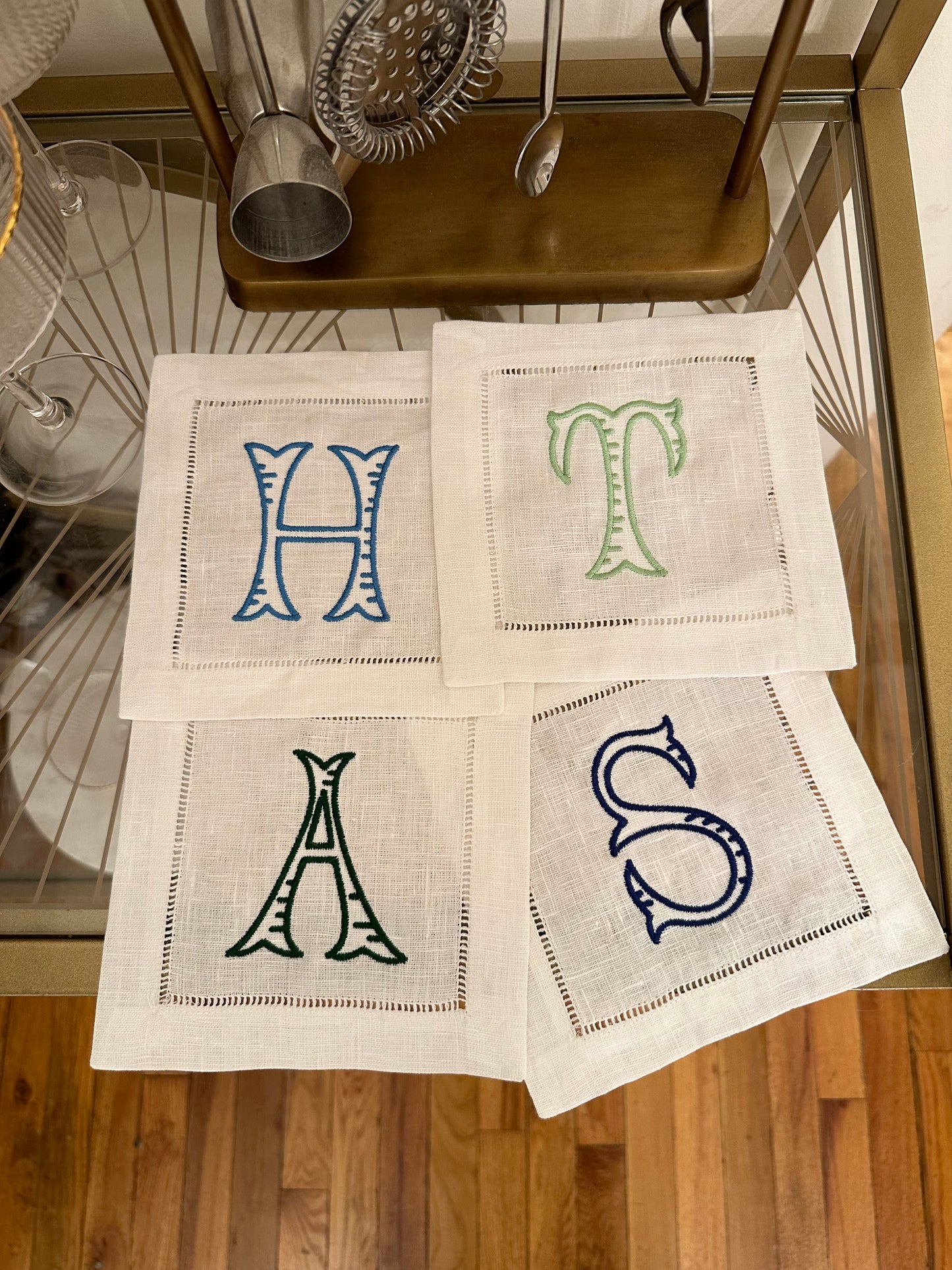 Custom Jumbo Fishtail Letter Monogram Embroidered Cocktail Napkin Set