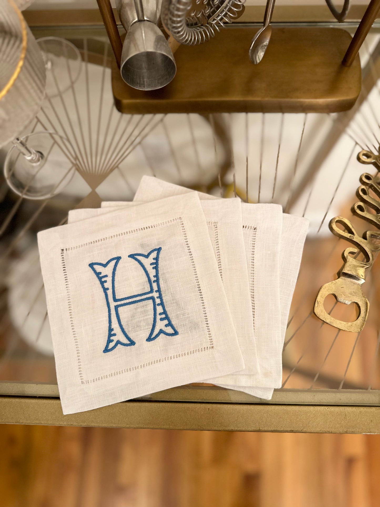 Custom Jumbo Fishtail Letter Monogram Embroidered Cocktail Napkin Set