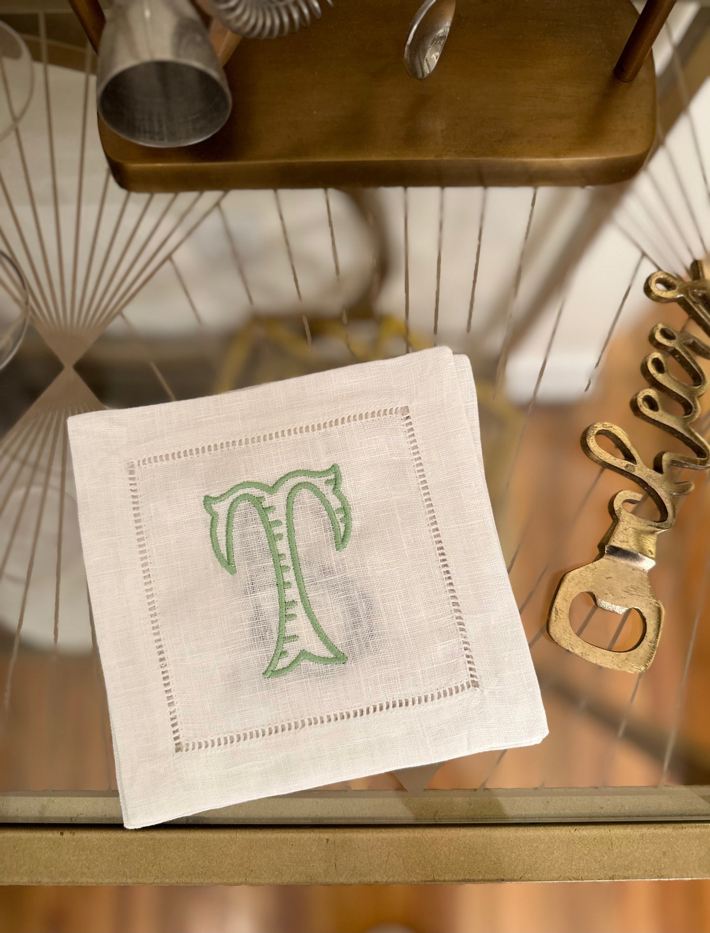Custom Jumbo Fishtail Letter Monogram Embroidered Cocktail Napkin Set