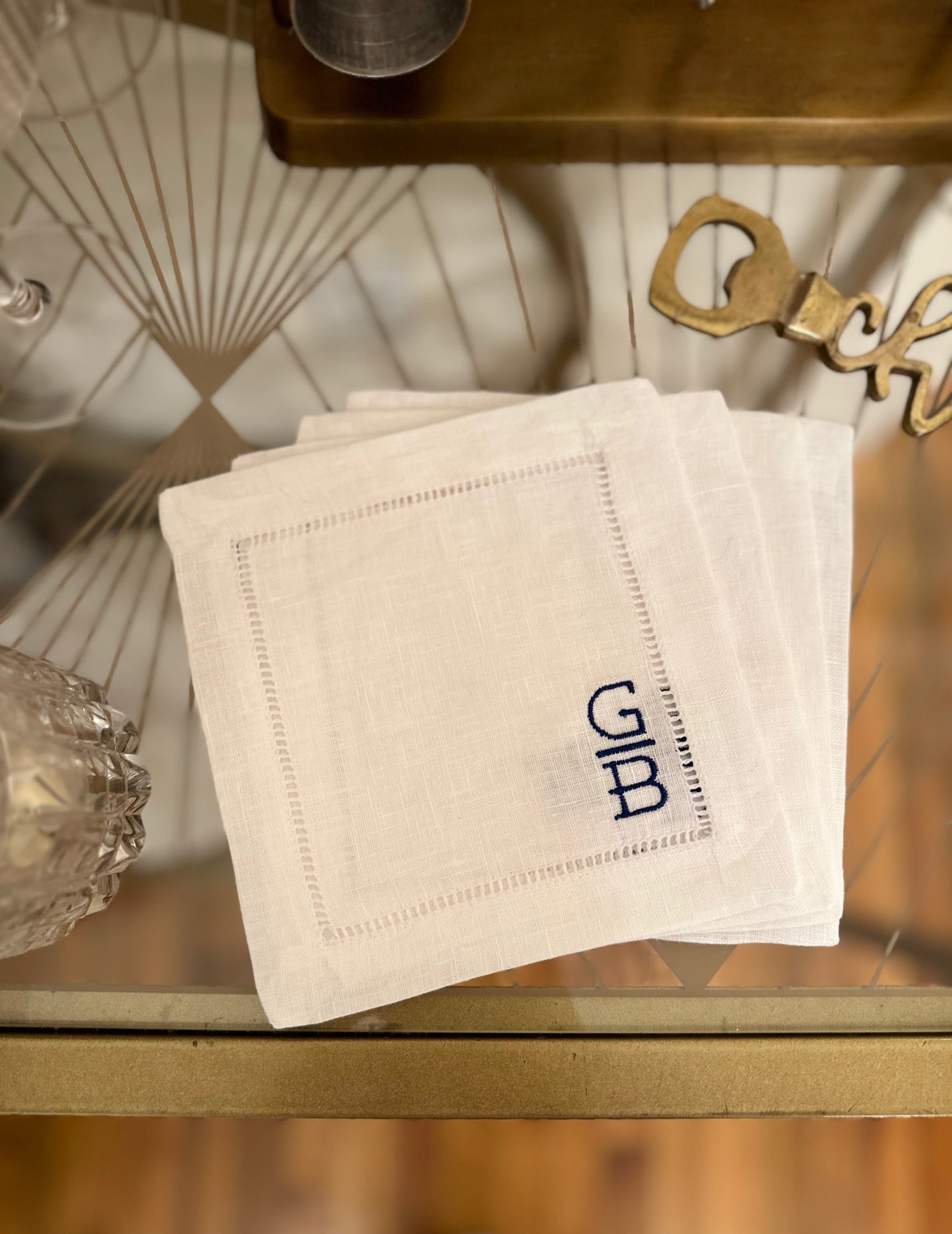 Custom Stacked Monogram Initials Embroidered Cocktail Napkin Set