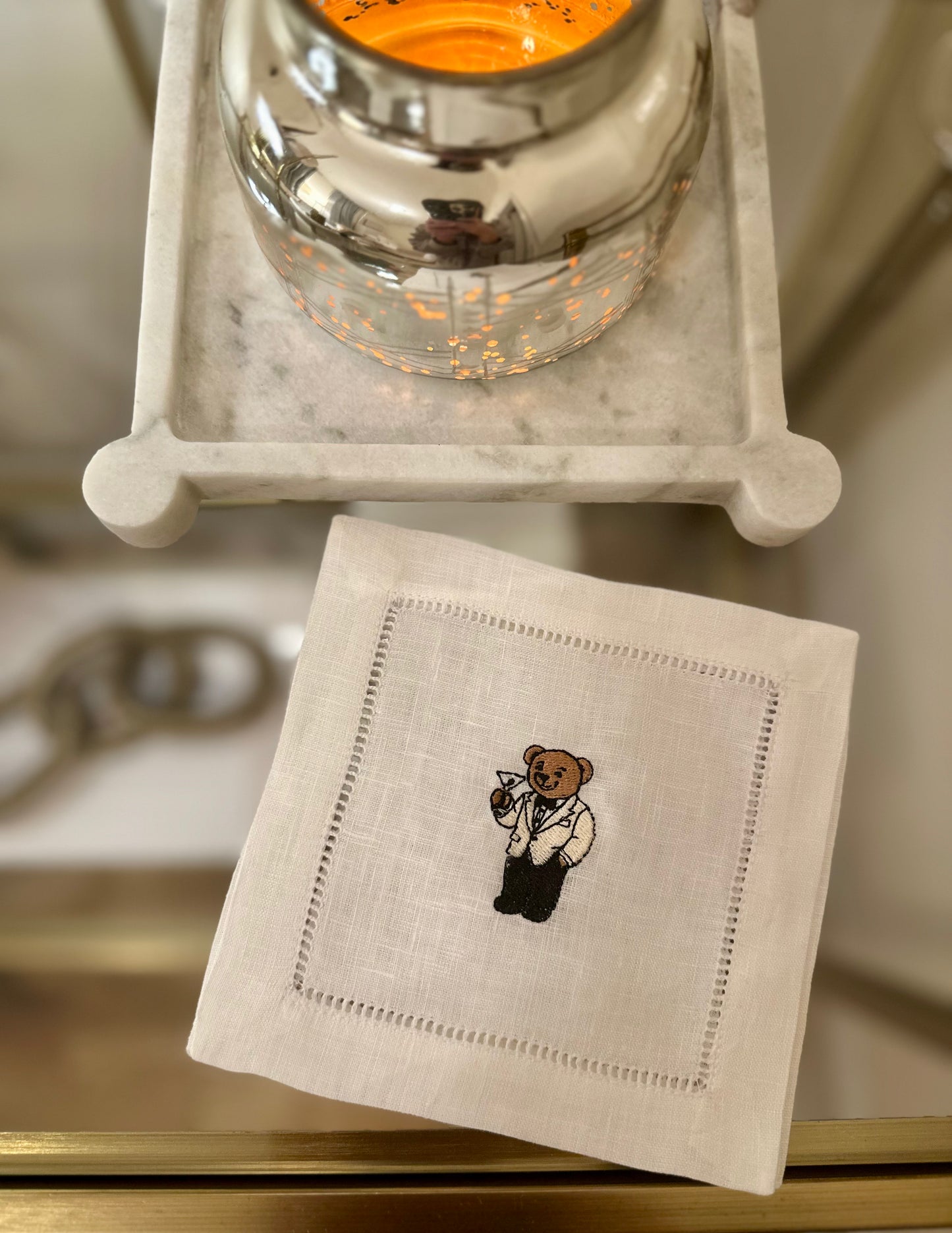 Tux Bear Embroidered Cocktail Napkin Set