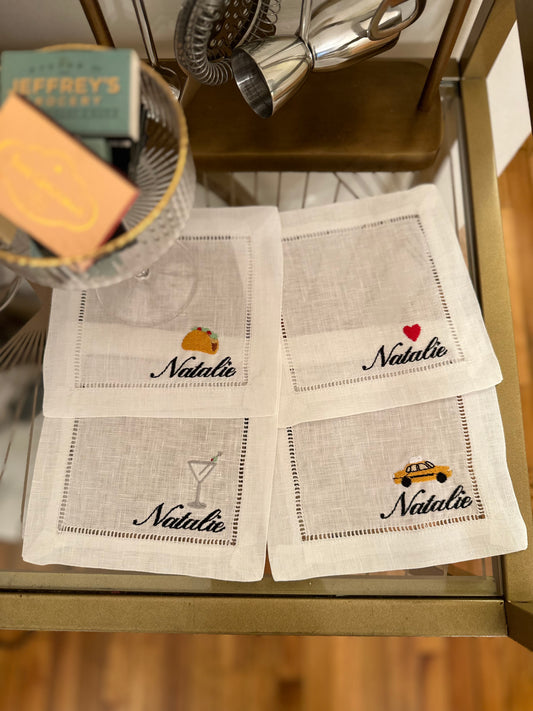 Custom Four Icon + Simple Name Embroidered Cocktail Napkin Set
