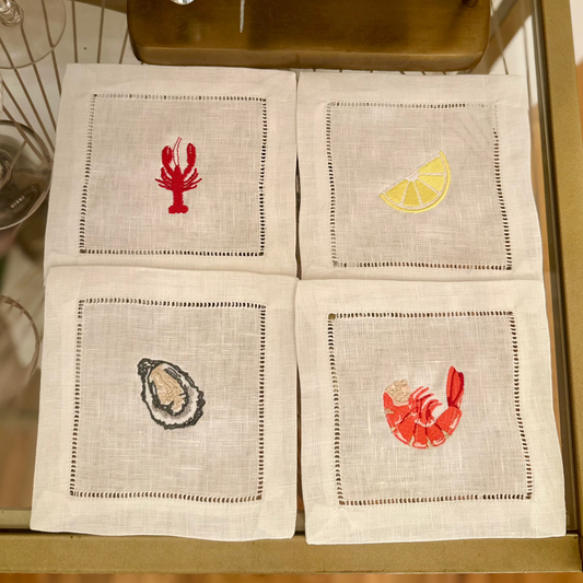 Seafood Tower Embroidered Cocktail Napkin Set