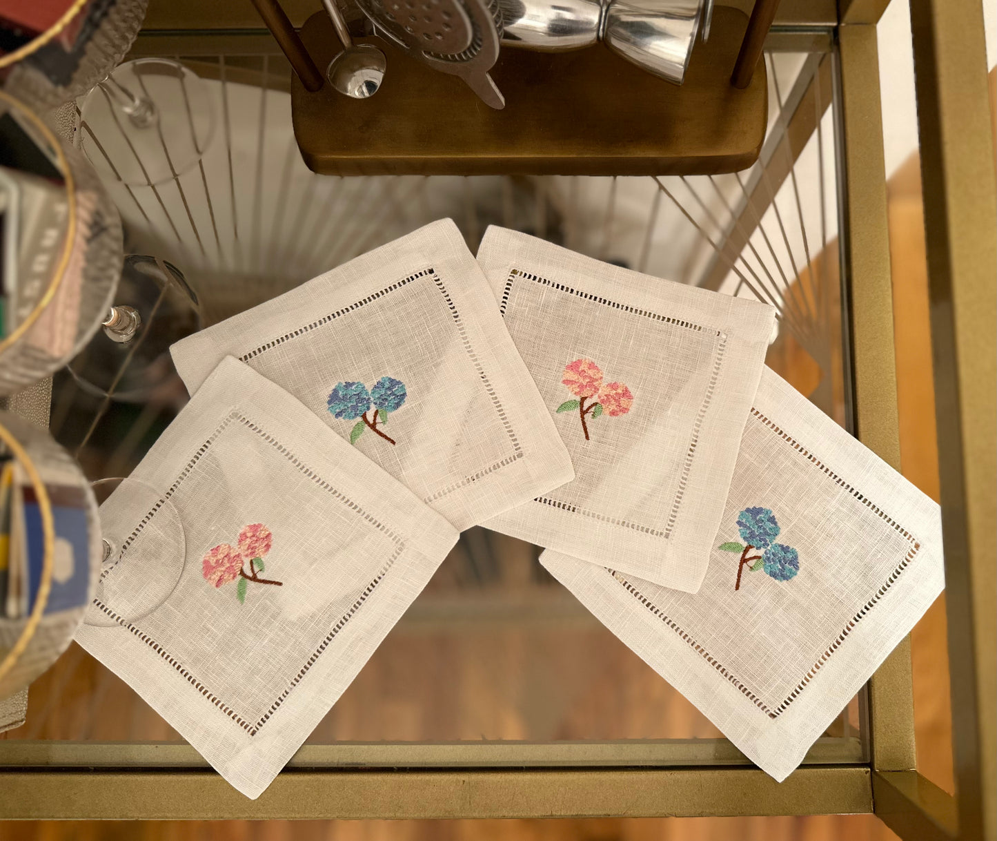 Hydrangeas Embroidered Cocktail Napkin Set