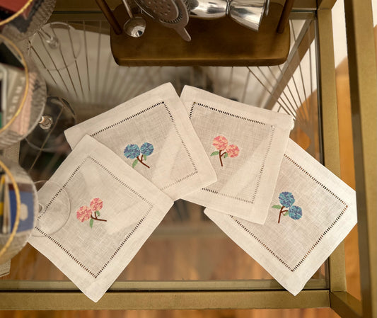 Hydrangeas Embroidered Cocktail Napkin Set