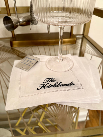 Custom Last Name Embroidered Cocktail Napkin Set (Waverly Font)