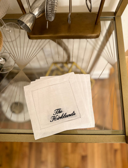 Custom Last Name Embroidered Cocktail Napkin Set (Waverly Font)