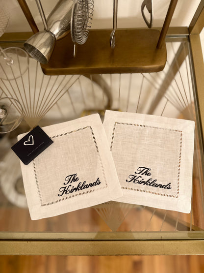 Custom Last Name Embroidered Cocktail Napkin Set (Waverly Font)