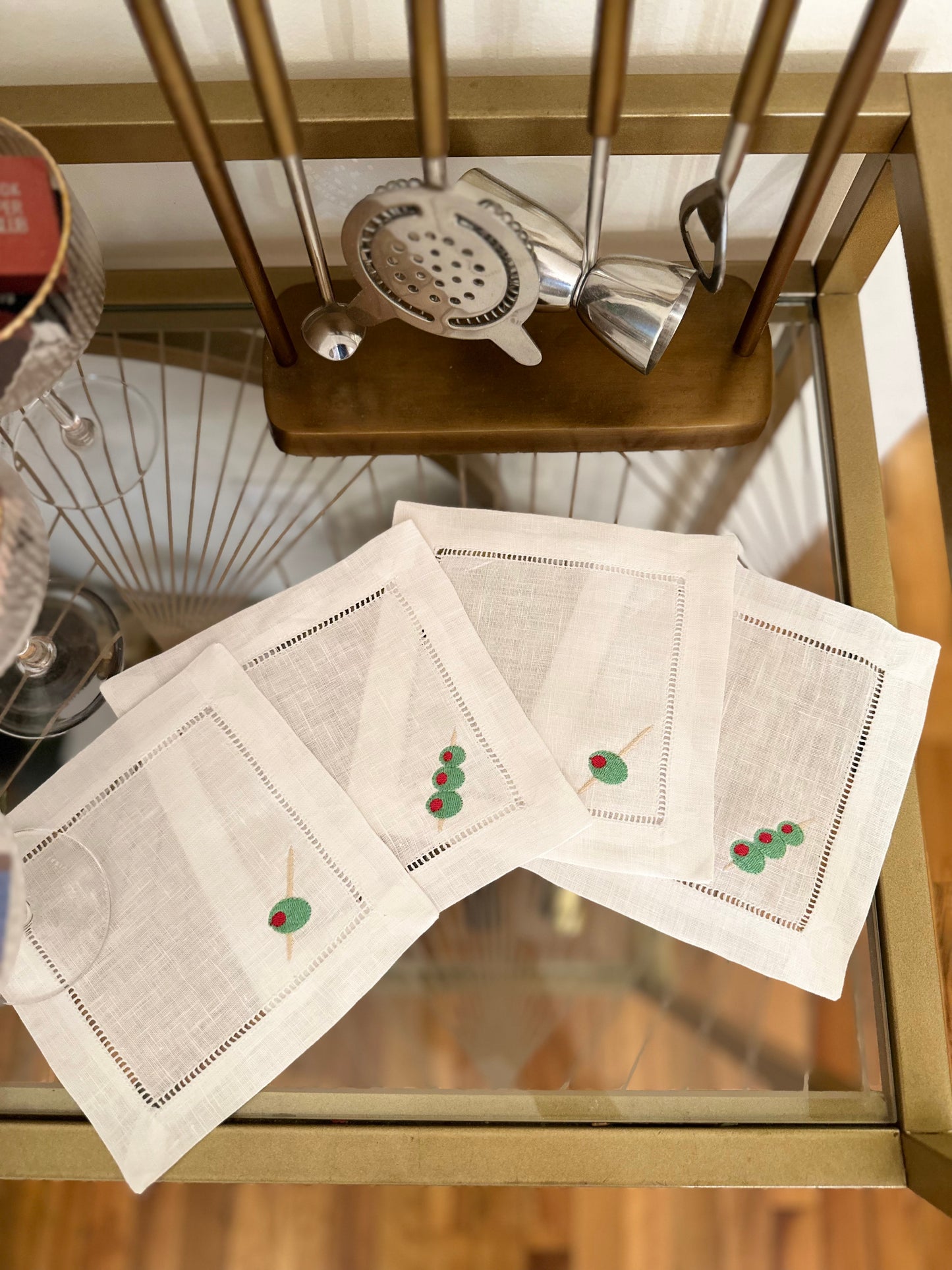 Martini Olives Embroidered Cocktail Napkin Set