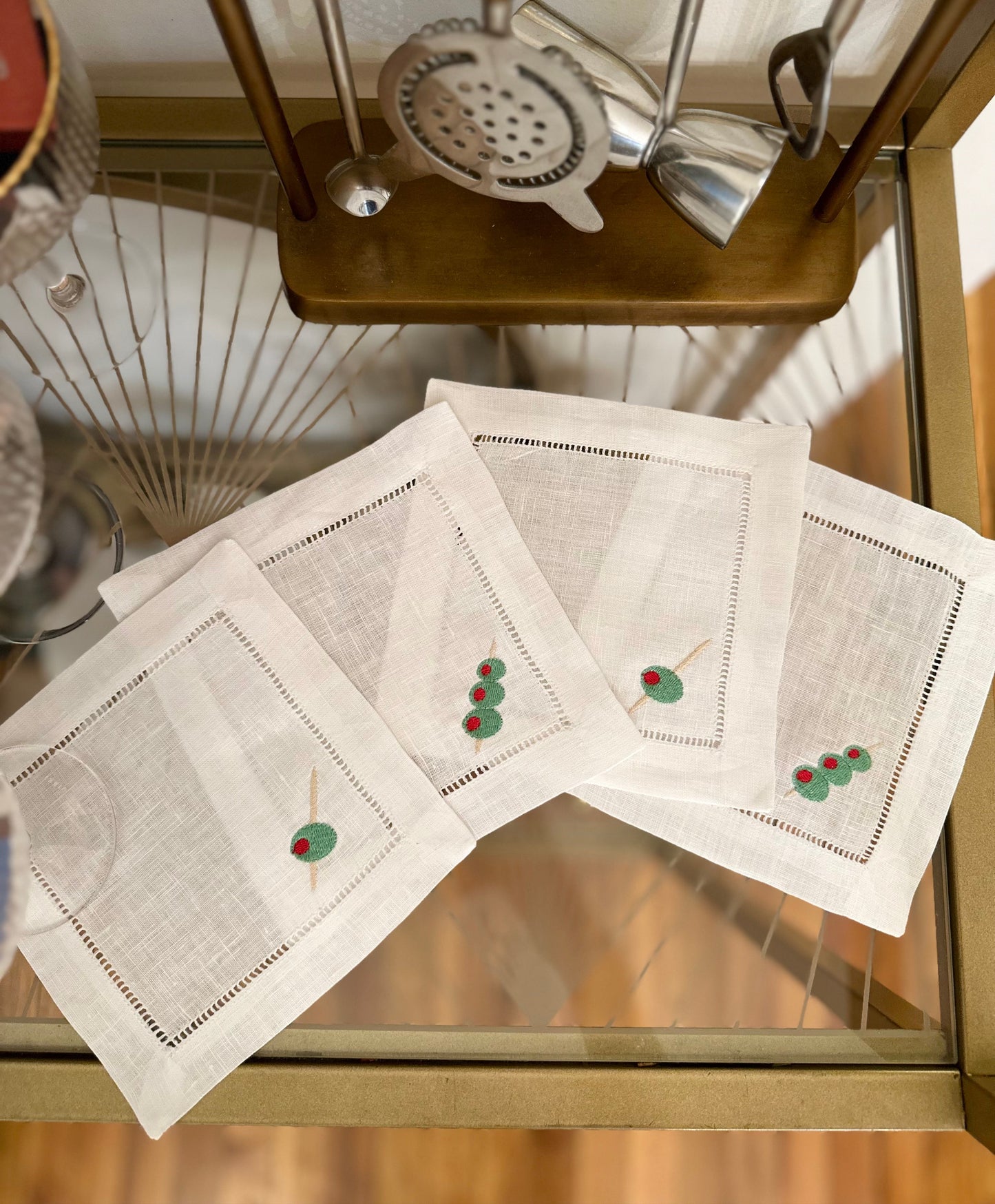 Martini Olives Embroidered Cocktail Napkin Set