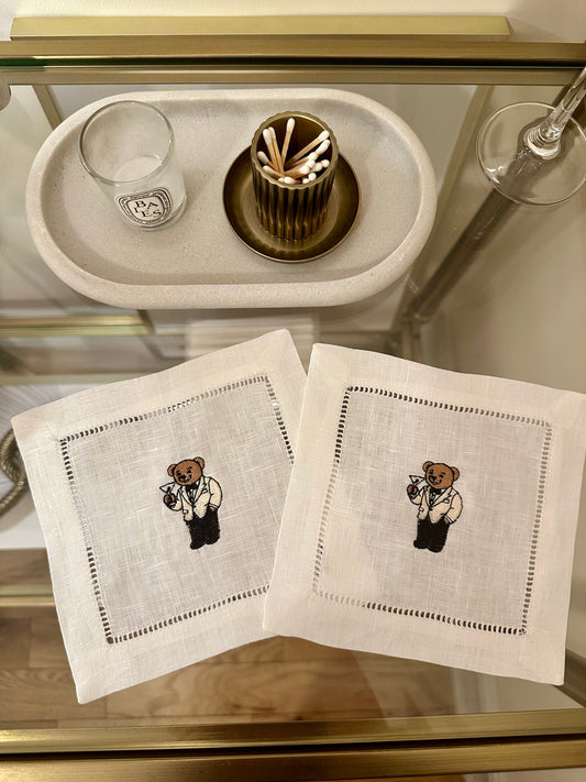 Tux Bear Embroidered Cocktail Napkin Set
